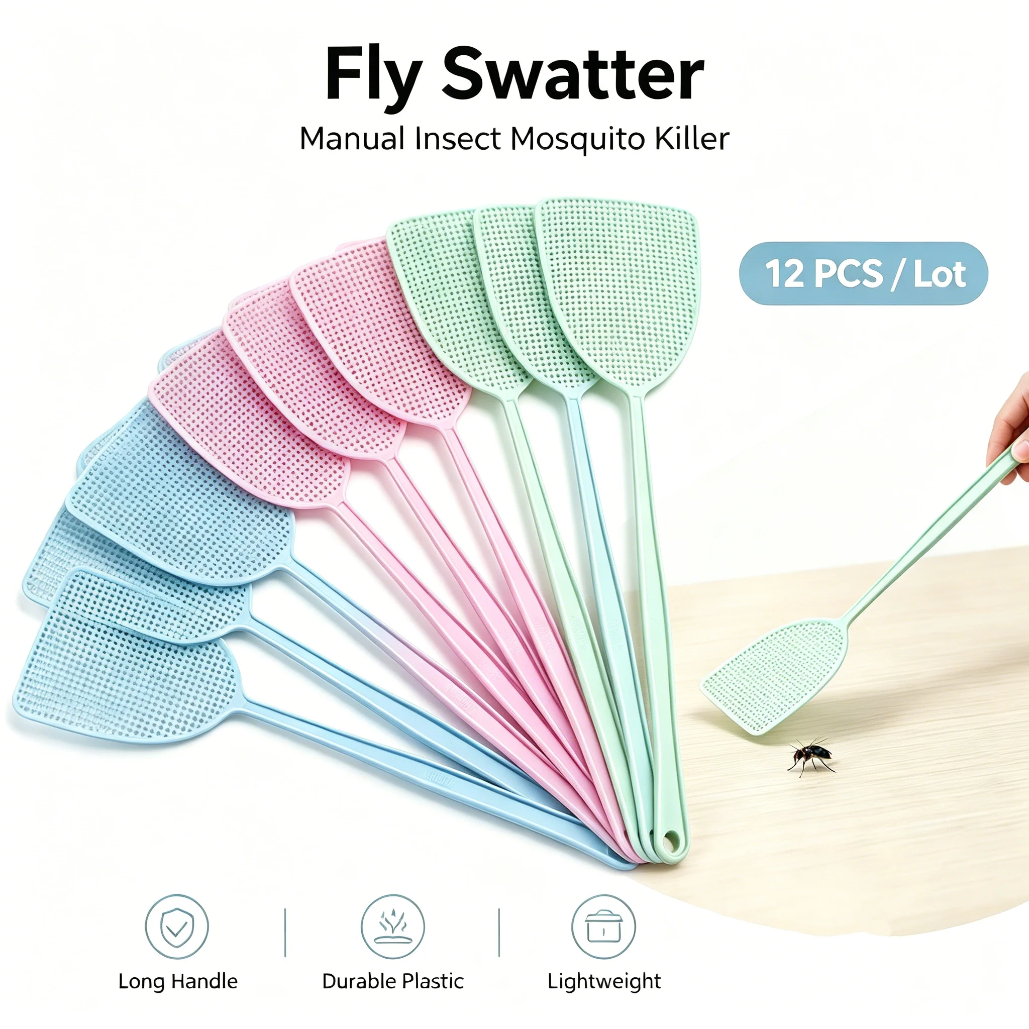 12 Pcs Plastic Fly Swatter Durable Long Handle Mosquito Insect Killer Swat Trap Household Pest Control Fly Flapper