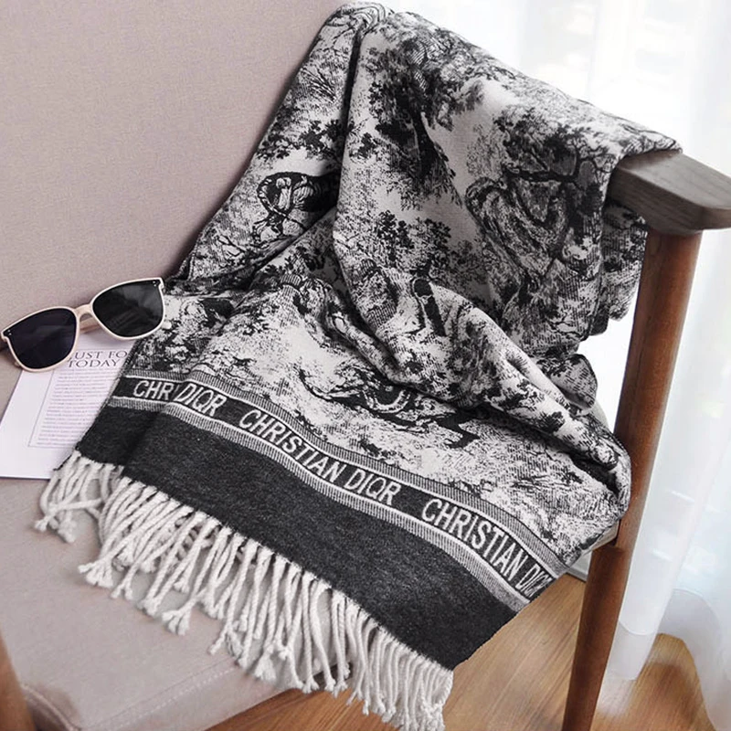 Fashion Ink And Wash Print Imitate Cashmere Scarf Tassels Shawls Woman Winter Windproof Warmer Long Wraps High Quality Cape