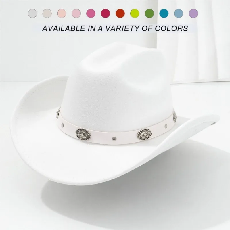 

Men's and women's style fedora hats metal flower white leather belted top party