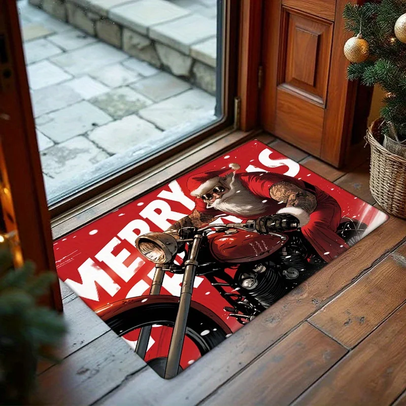 Funny Cat on Motorcycle Door Mat, Red Christmas Santa Bike Pattern, Cute Pet Welcome Rug, Non-slip Entrance Floor Mat, Holiday