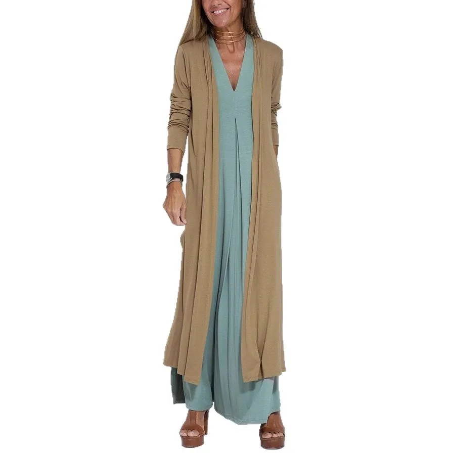 Casual Solid Color Dress Two Piece Set Women Loose V-neck Sleeveless Slit Long Dress Cardigan Coat 2 Piece Sets Commuting Outfit