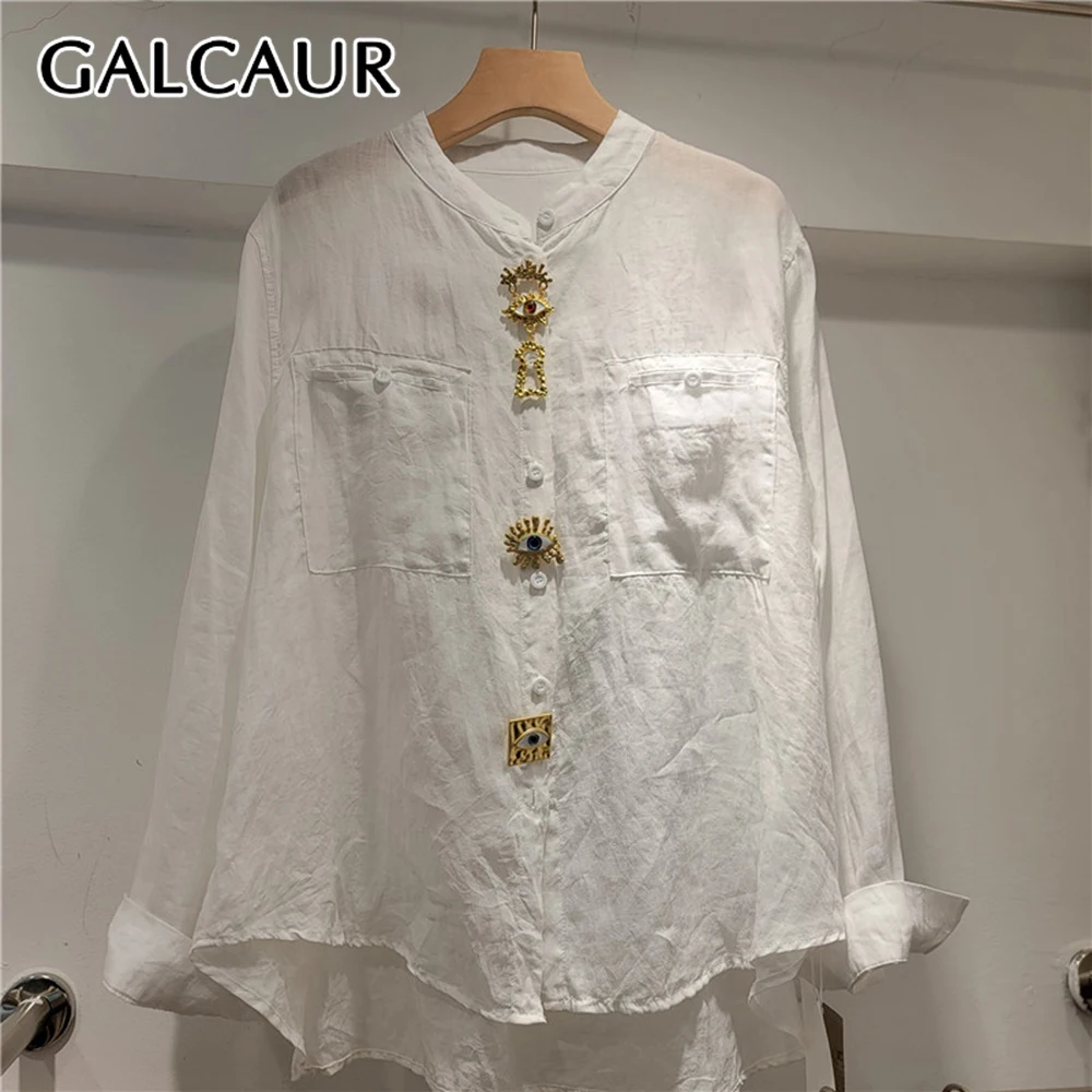 

GALCAUR Solid Loose Spliced Single Buttons Blouse for Women Round Neck Long Sleeves Patchwork Pockets Elegant Top Female Style
