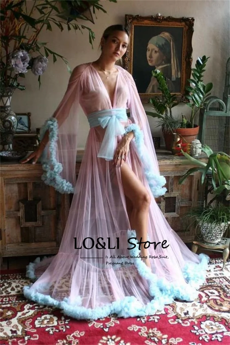 See Through Sexy Wedding Robe For Women Patchwork Puffy Sleeve Floor Dress Tulle Pajamas Female Beach Dresses Maternity Photo