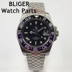 BLIGER 40mm Waterproof Silver NH34 GMT Automatic Watch For Men Oyster Strap Ceramics Bezel Sapphire Glass Luminous