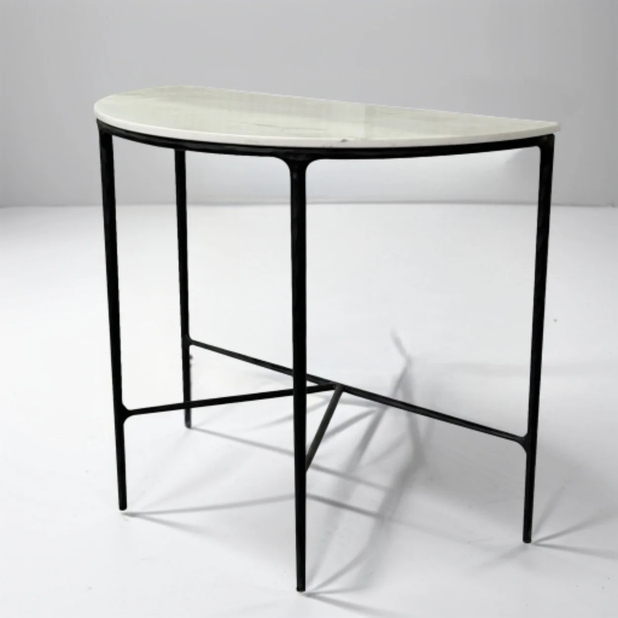 # Simple Living Room Table Natural Marble Top Solid Forged Black Metal Leg Demilune Console Table