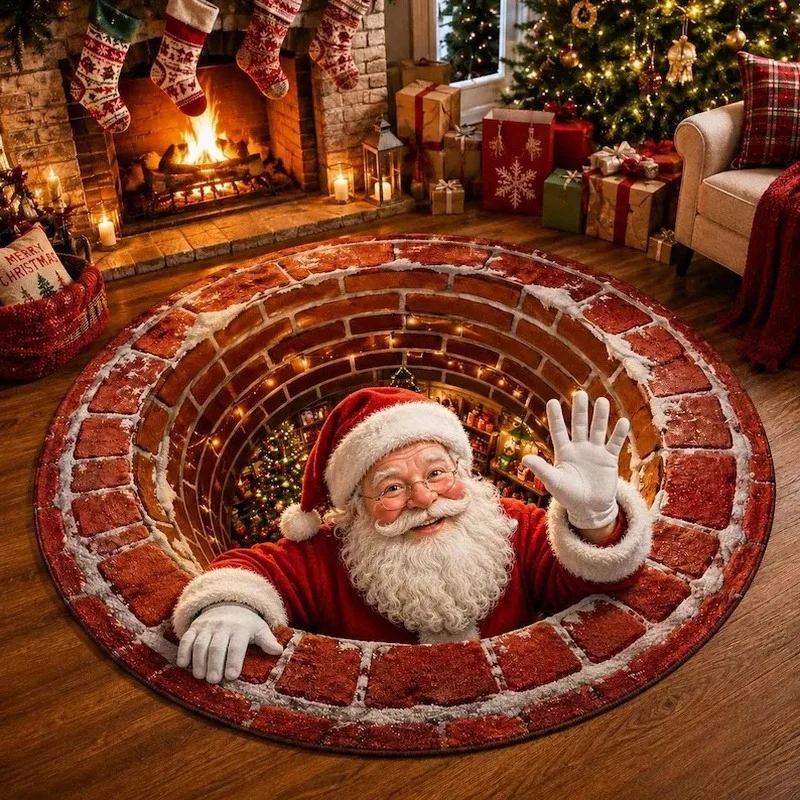 Flannel Area Carpet 2D Illusion Santa Claus Brick Well Rug Soft Fluffy Cozy Xmas Gift Hole Living Room Sofa Cushion
