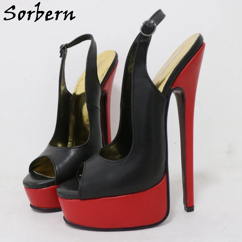 Sorbern Classical Black Red Slingback Sissy Boy Open Toe Platform 20CM Stilettos Real Leather 16cm High Heel Shoe Custom Color