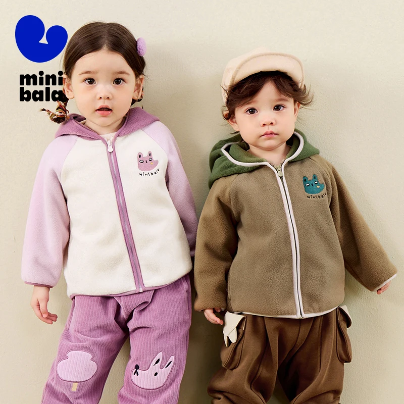 

Mini Bala Kids Hooded Jacket 2025 Autumn Anti Static Fleece Raglan Sleeve Embroidery Top
