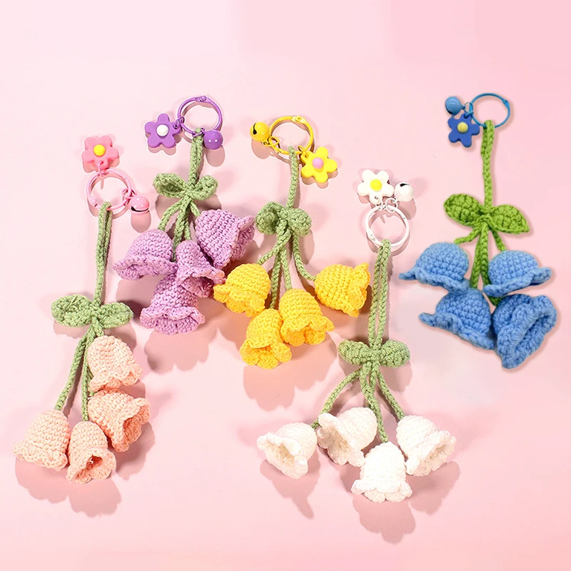 Crochet Flowers Bell Orchid Keychain Key Ring Knitted Flowers Bag Hanging Ornament Car Pendant Keyring Women Gifts Accessories