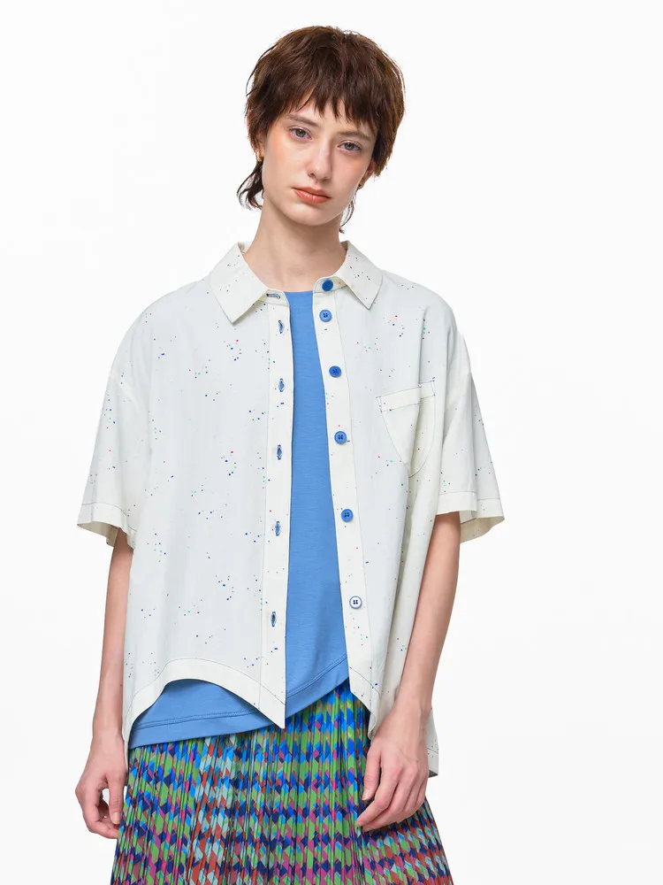 

Повседневная женская рубашка MOVEUP с короткими рукавами, новинка лета 2026, с карманами, свободным кроем, цветным принтом в горошек и волнистым подолом, модель 3EWX20402