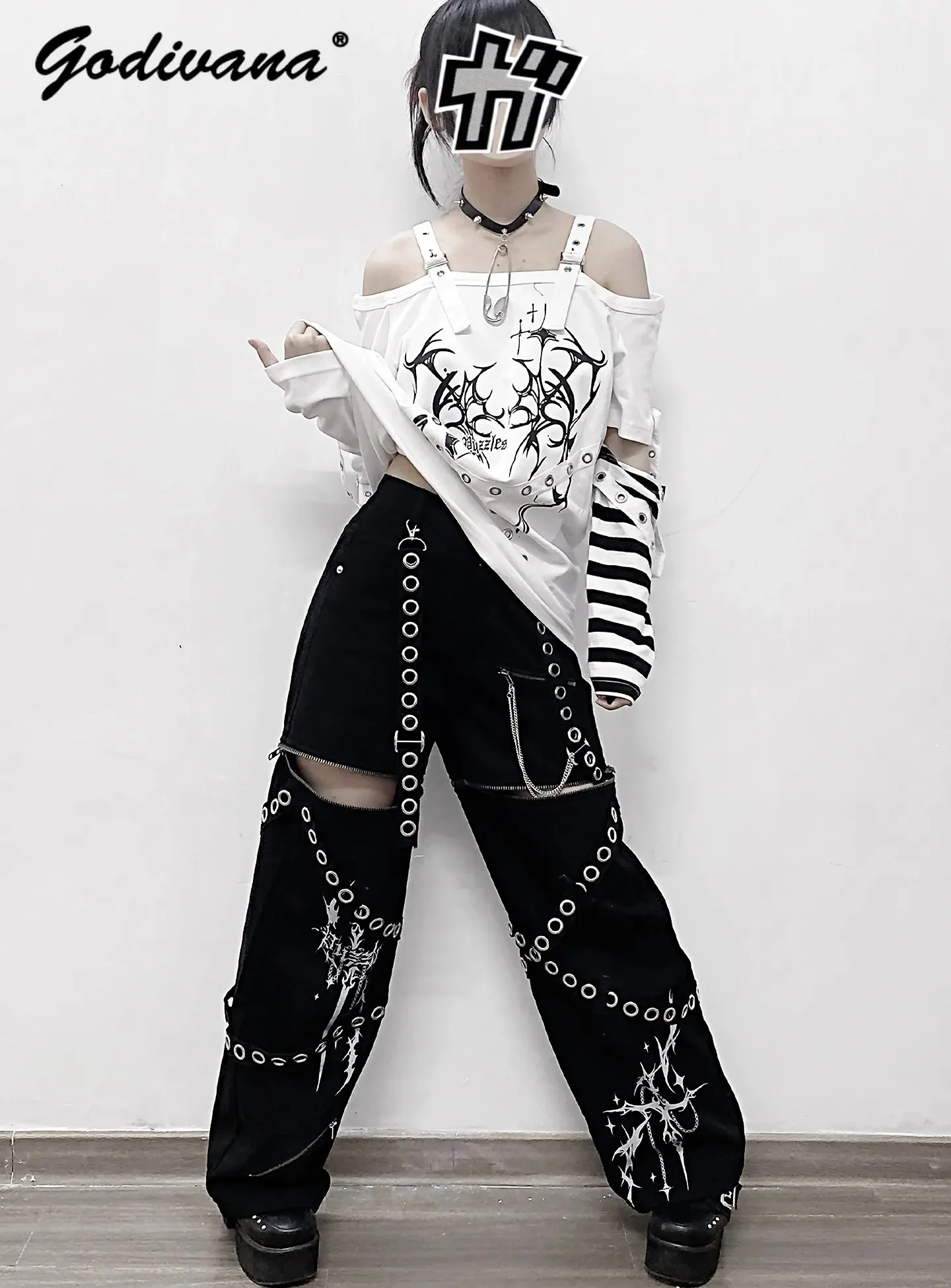 Sweet Cool Detachable Jeans Pants Harajuku Punk Subculture Hot Girls Women's Circle Rivet Strap Black Straight-leg Pants