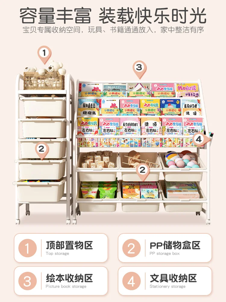 Toy storage rack, children\'s bookcase, picture book stand, floor movable kindergarten baby storage rack, wrought iron bookcase