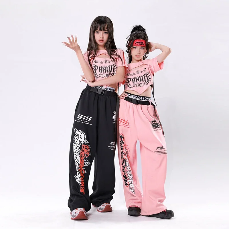 Mädchen Jazz Dance Kostüm Rosa Crop Tops Hosen Kleidung Gruppe Hip Hop Streetwear Bühne Leistung Outfits Kpop Modern Dance Wear