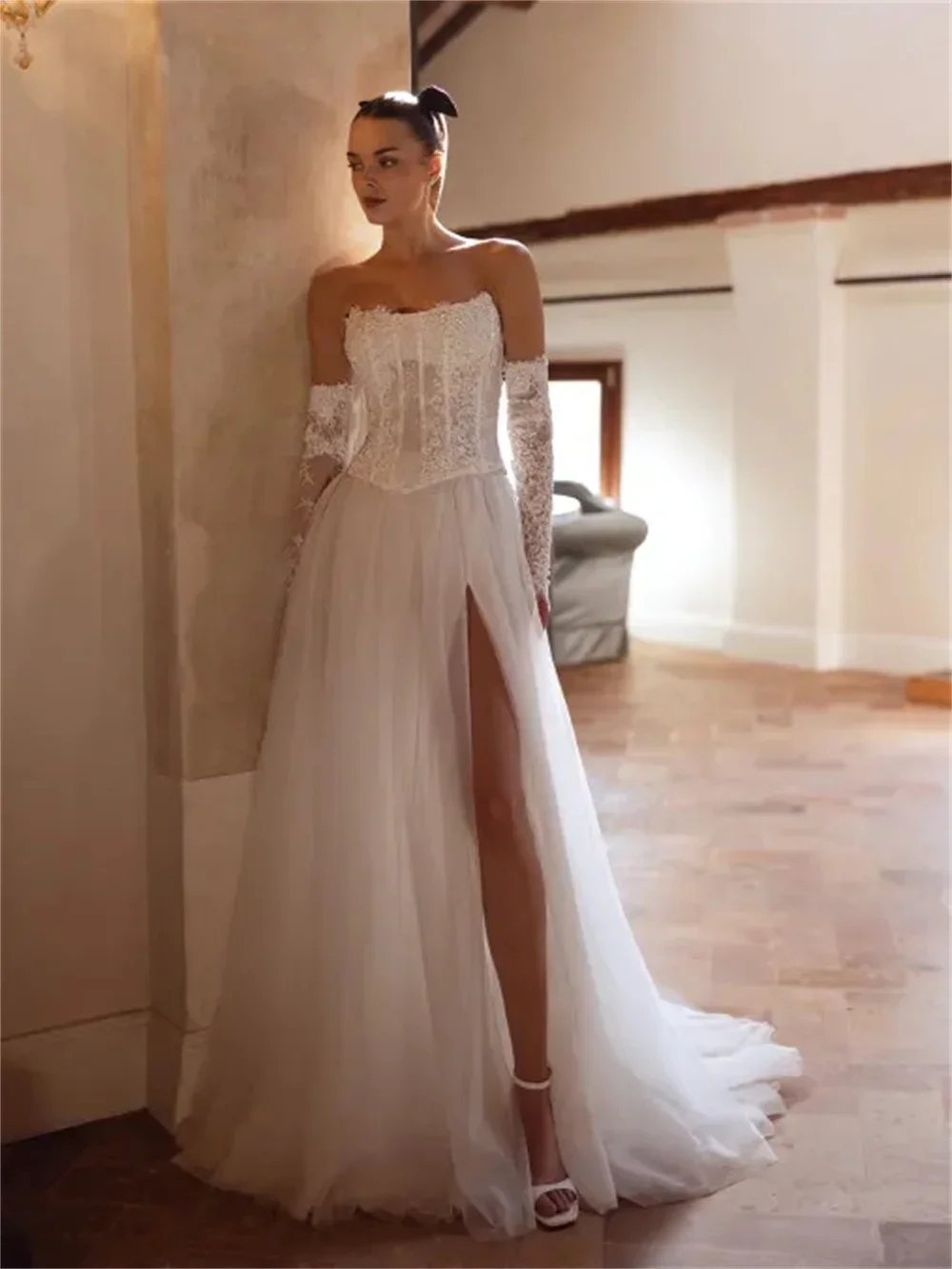 

Modern Lace Mermaid Wedding Dress Strapless Appliques Beads Long Sleeves Tulle Bridal Bride Gowns Two Pieces Vestidos De Noiva