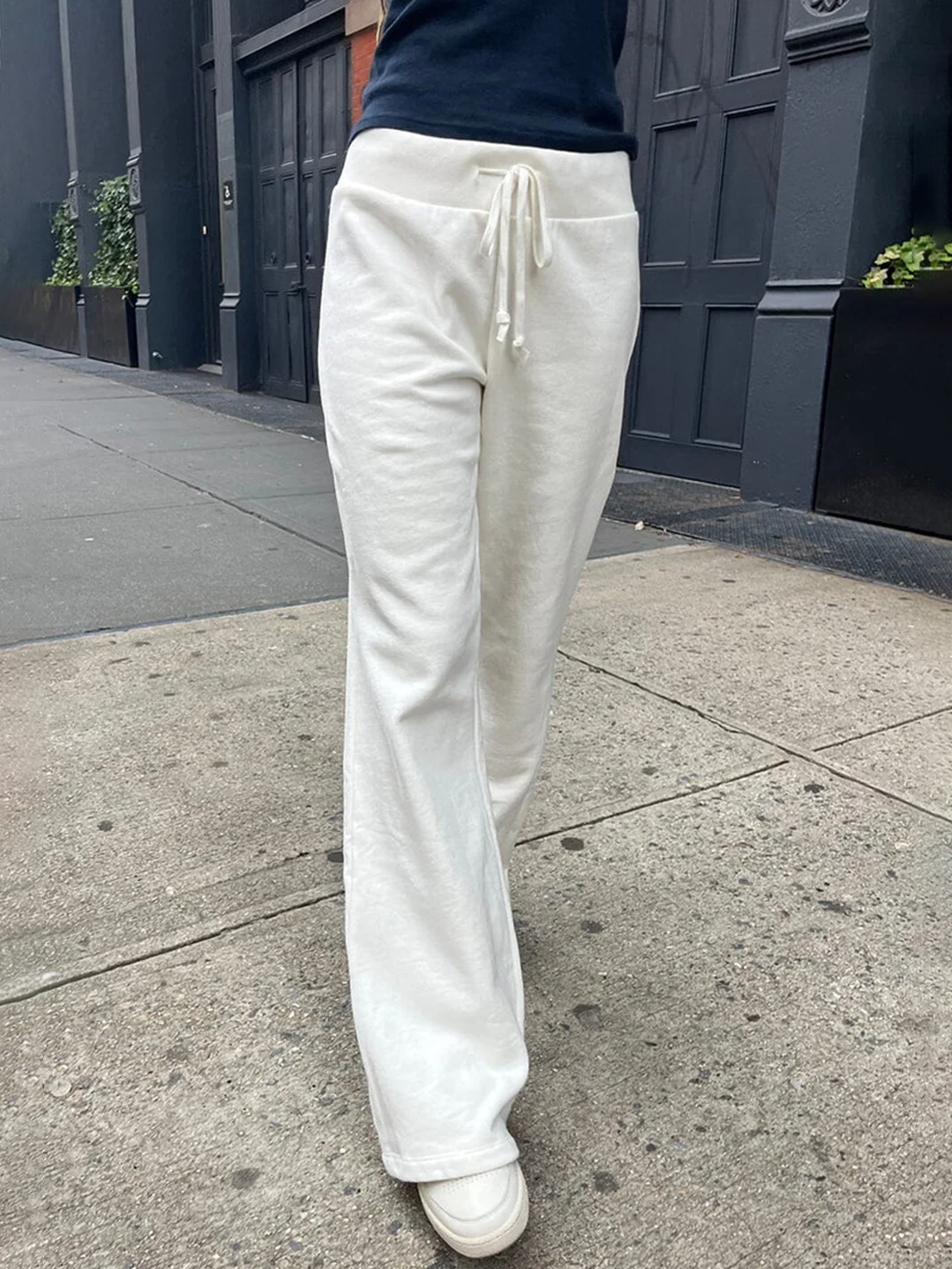 Drawstring Raw Hem White Straight Long Pants 2023 Sweet Cute High Waist Raw Hem Trousers Summer Casual Sport Sweatpant Chic