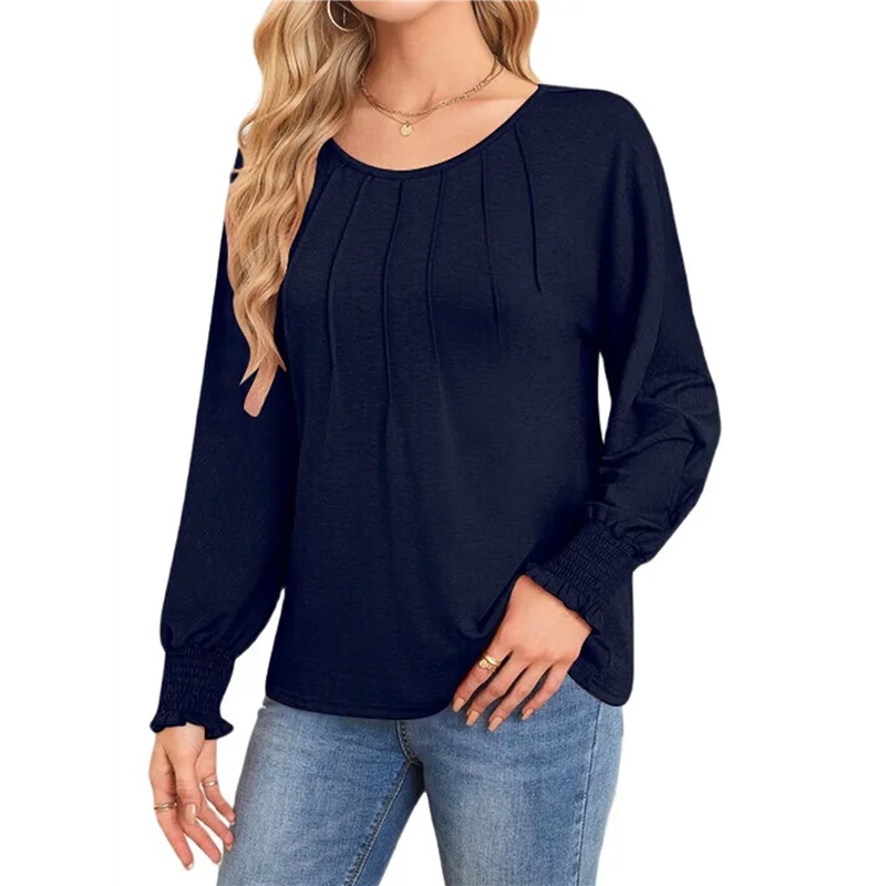 

ABRT-Long Sleeve Shirts Womens Pleated Business Casual Blouses With Smocked Cuffs