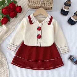 Kids Clothes Girls Autumn/Winter Sweater Set Cute Strawberry Decorative Collar Long Sleeve Cardigan Top+Skirt 2-piece Sets