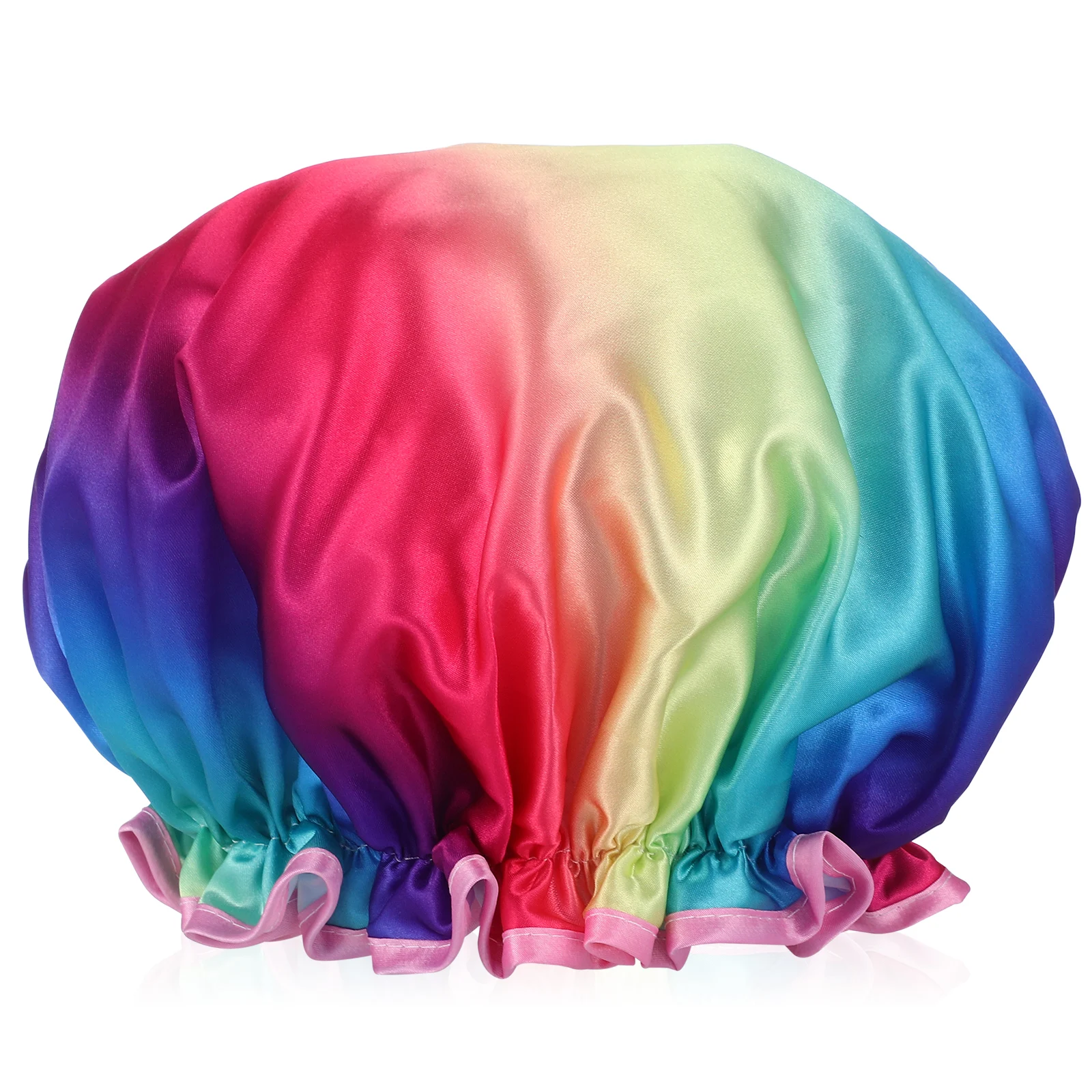 

Waterproof Shower Double Layer Reusable Shower Caps For Women Bonnet Rainbow Design Comfortable Fit Travel Hair Cover