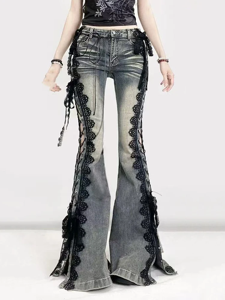 Gothic Side Fork Jeans Women Y2K American Streetwear Sexy Lace Up Denim Pants Fashion High Waist Lace Patchwork Flared Trousers