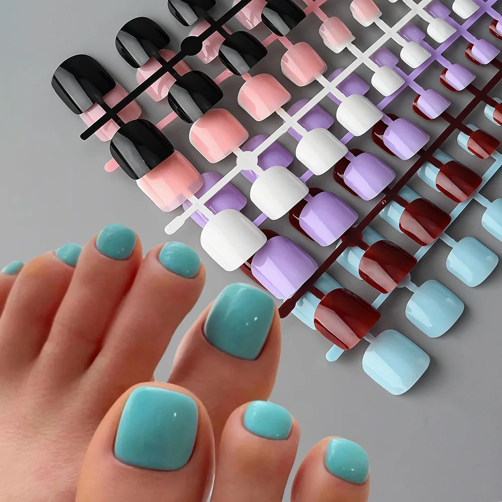 144pcs Short Square False Toe Nails Lake Blue/White/Red/Nude Press on Toenails Glossy Full Cover Toe Nails 100/120pcs Artificial