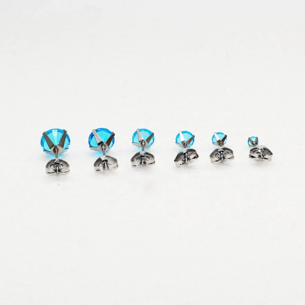 Stainless Steel Stud Earrings With Ocean Blue Zircons Classical Style From 3mm to 8mm No Fade Allergy Free Quality Jewelry