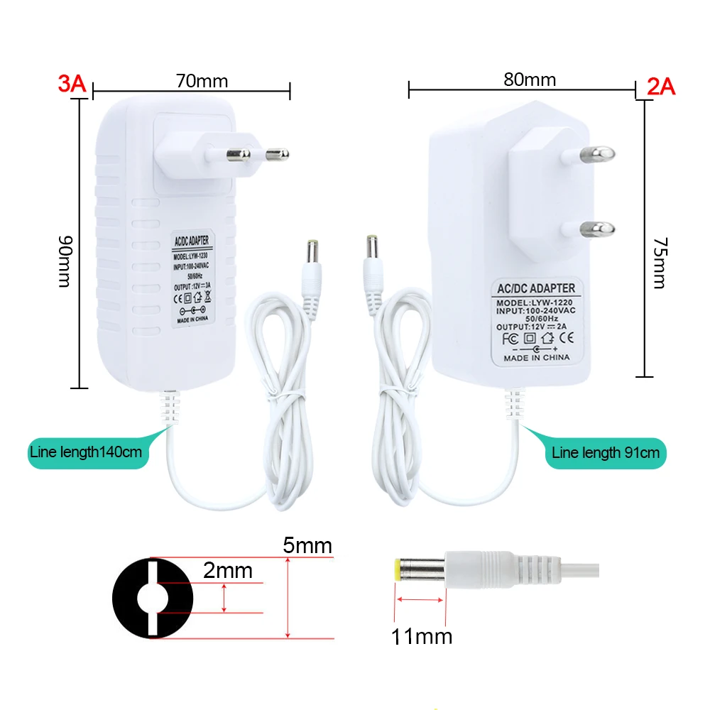 Power Adapter 12V 2A 3A 2000/3000MA European Standard Power Supply Charger Cable For 3528 5050 LED Strip light Power