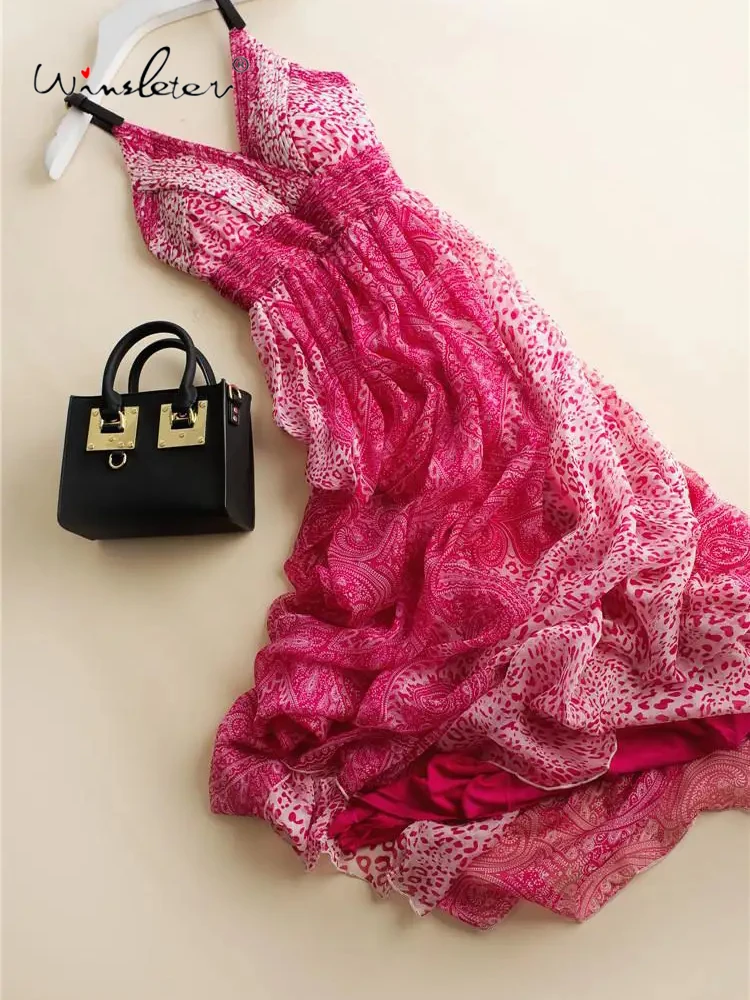 

Winsleter Sleeveless Print Beach Dress Sling Dresses 100%Mulberry Silk Long Dresses for Women Woman Clothes Summer New D37606QD