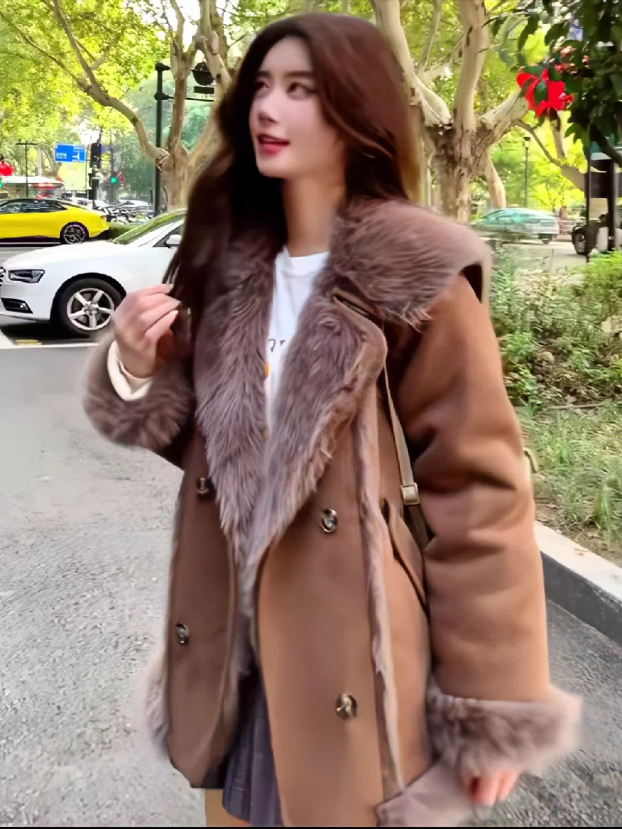 Kurtka ze sztucznego futra damska płaszcze damskie golfowy krój luźny fitness mama retro moda detal brzegowy miękka odzież wierzchnia z podszewką bawełnianą