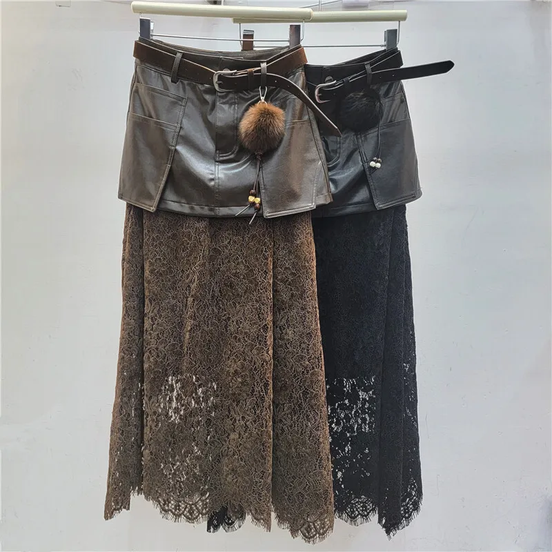 ANJY Herfst Winter Nieuwe Damesmode Kant Patchwork PU Leer Elegante Bodycon Midi Rok Unieke Chic Ins Veelzijdige Rokken A17238