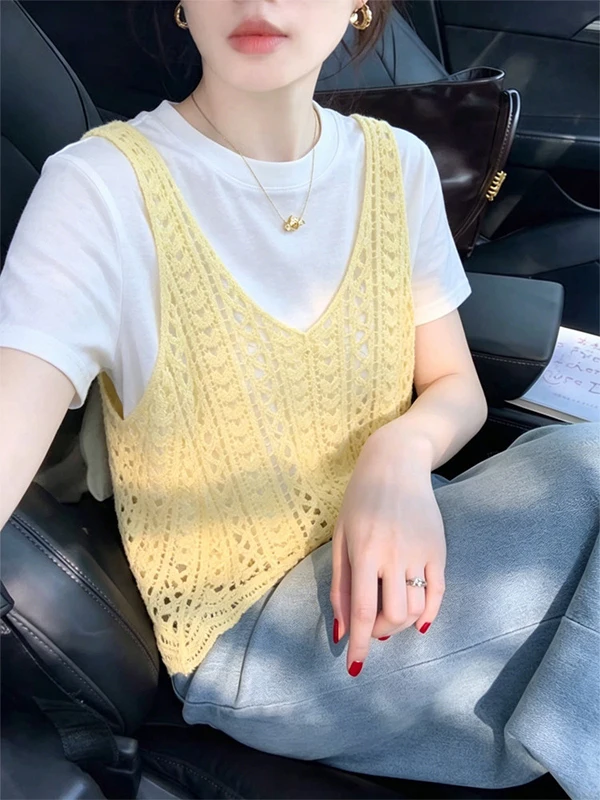 

Korean Style Color Block Short Sleeve T-Shirt Two Piece Set Women Summer New Hollow out Knitted Vest Top French Style round Neck