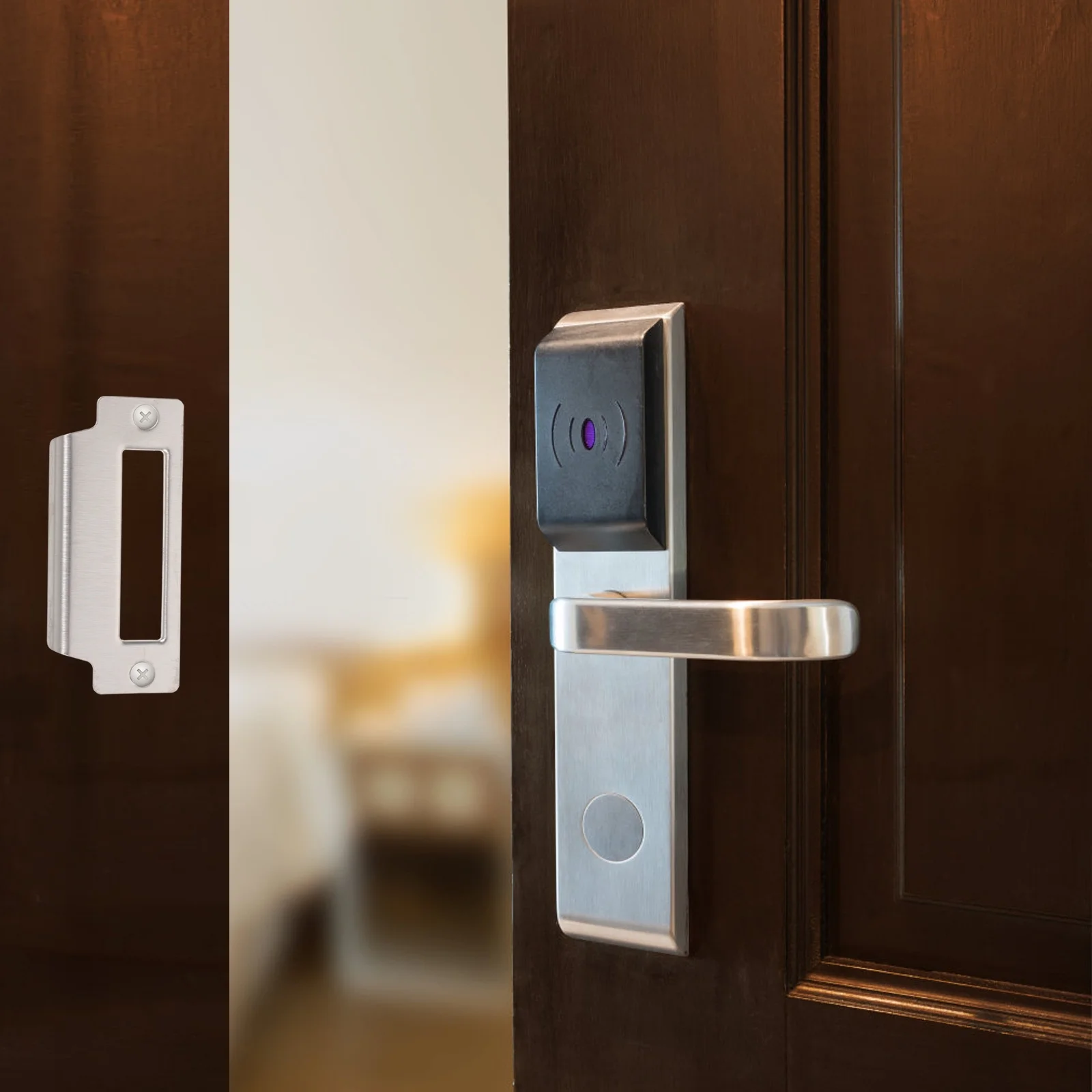 1 jeu de renfort de plaque de sécurité en acier inoxydable, pour gâche de pêne dormant, protection de porte en métal robuste, quincaillerie de serrure de porte Durable