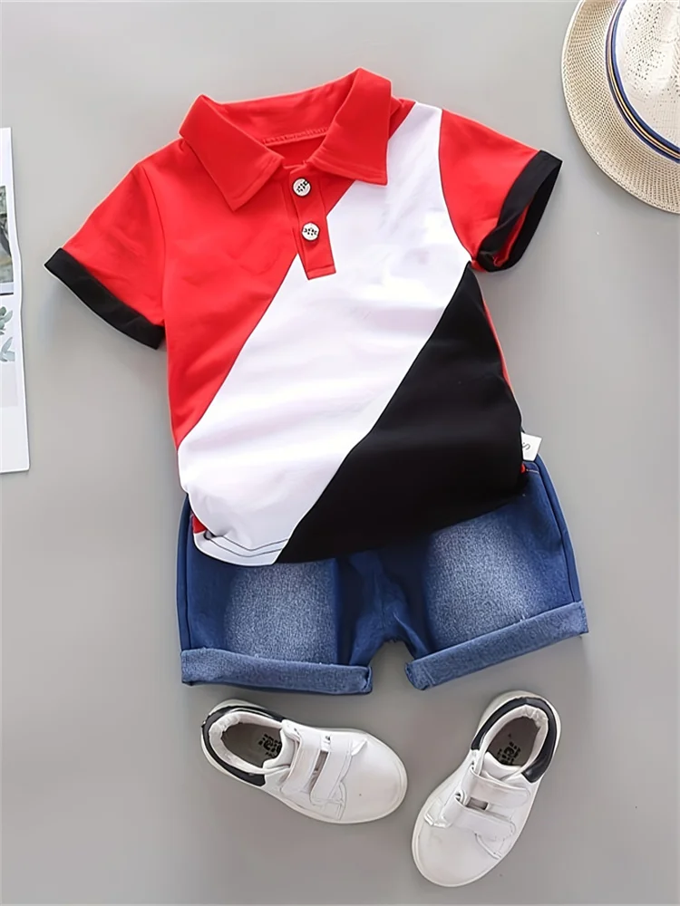 Baby Boy Summer 2PCS Outfit Color Block Polo Shirt Elastic Waist Denim Shorts Toddler Daily Casual Playwear Set