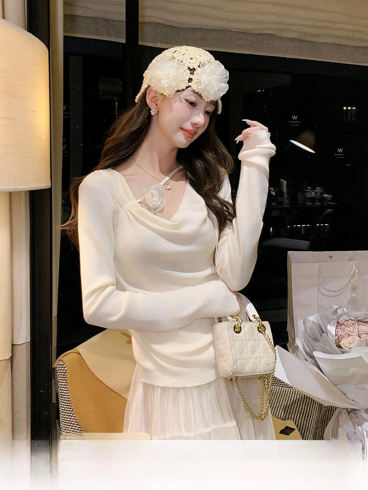 

Французский вязаный свитер для женщин, новинка ранней весны, нежный топ с цветочным узором, 3D-вязка, мягкий, длинный рукав