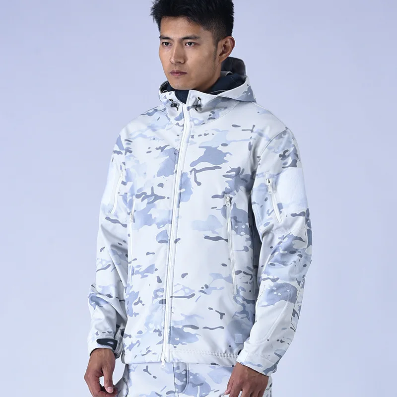 

Men's Snow Camo Shark Skin Tactical Jacket Pants Set Winter Fleece Lined Waterproof Windproof Parka with Pit Zips Outdoor Skiing