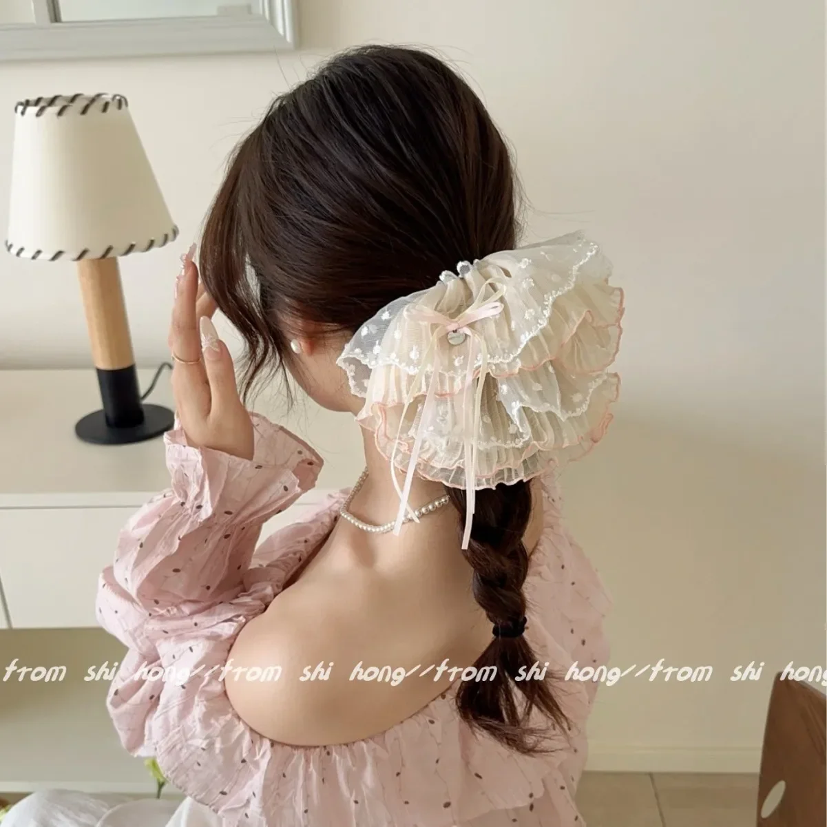 2025 Mädchen süße Polka Dot Spitze Rock Haarband Stirnband übergroße Mesh Dickdarm Ring Licht Luxus Mode Haar Seil Frau