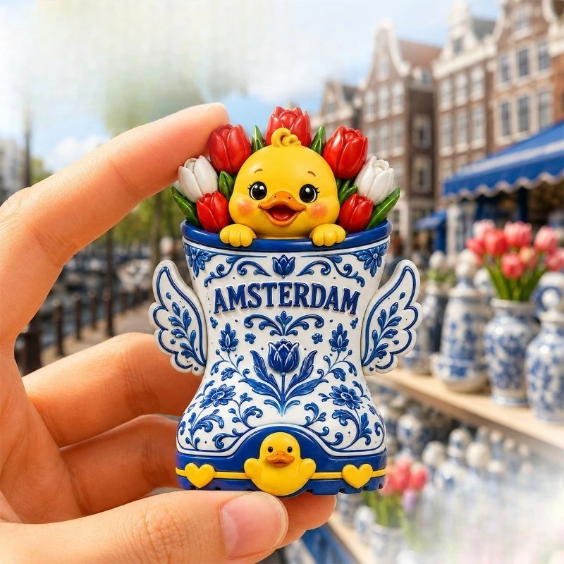 Amsterdam Duck Flower Boot Fridge Magnet - Charming 3D Dutch Souvenir Unique European Gift for Travel & Fun Decor