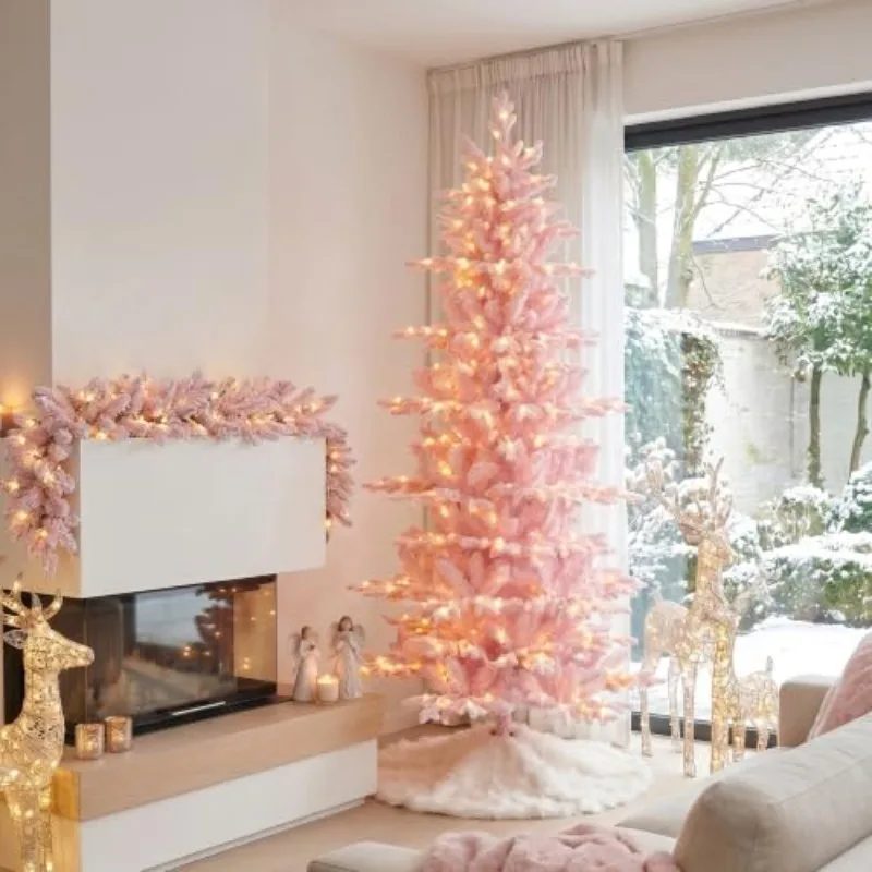 7.5ft Prelit Artificial Christmas Tree, Slim Flocked Christmas Tree Elegant Pink Frostfall Fir with 1,486 Tips, 360