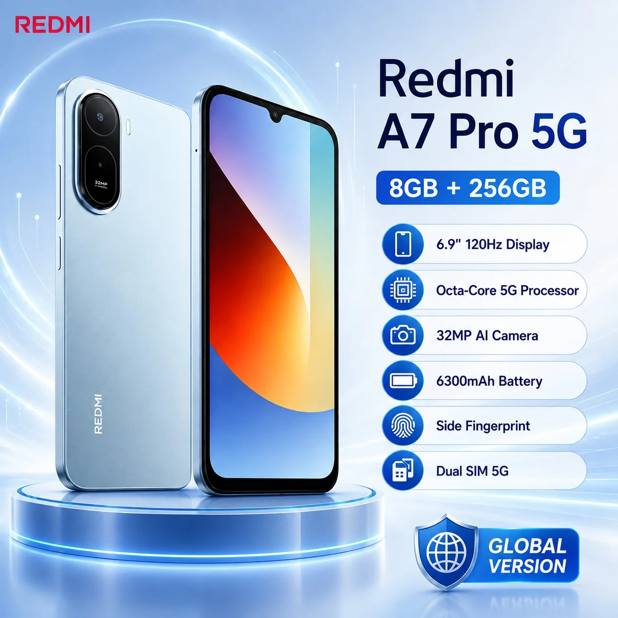 2026 new Redmi A7 Pro 5G 8GB+256GB Phone, 32MP AI Dual Camera, 8MP Selfie, 6.9'' 120Hz Display, 6300mAh Battery, Dual 5G SIM