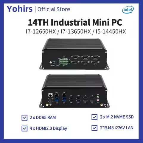 14th Industrial Mini Pc i5-14450HX i7-13650HX 12650HX DDR5 4HD2.0 6COM RS485 RS442 GPIO M.2 NVME 2x2.5G Lan Fanless Rugged PC