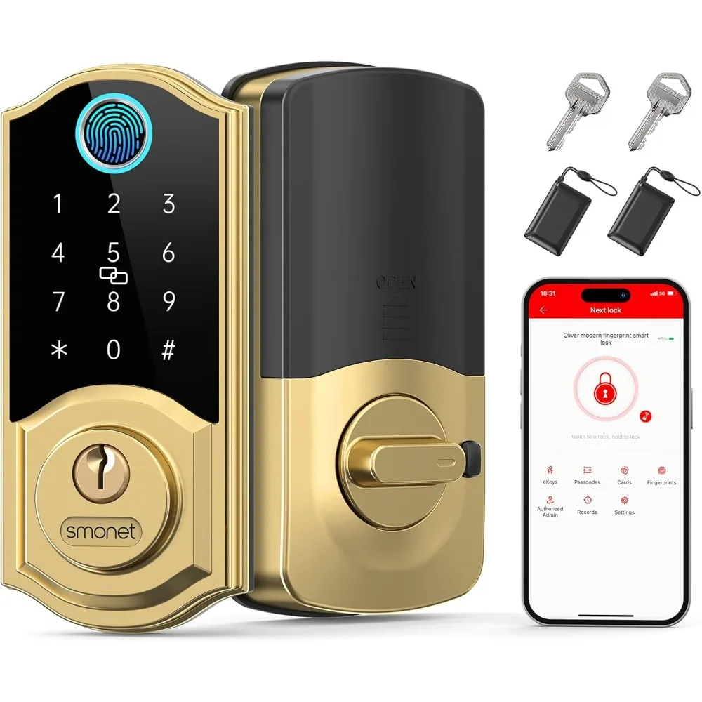 Smart Lock,Fingerprint Gold Keyless Entry Door Lock,7-in-1 Smart Deadbolt with App Control,Electronic Touchscreen Keypad Biomet