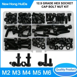 M2 M3 M4 M5 M6 Grade 12.9 Black Carbon Steel Screw Nut Set DIN912 A2 Hex Socket Cap Head Allen Machine Screws Bolts Nuts Kit