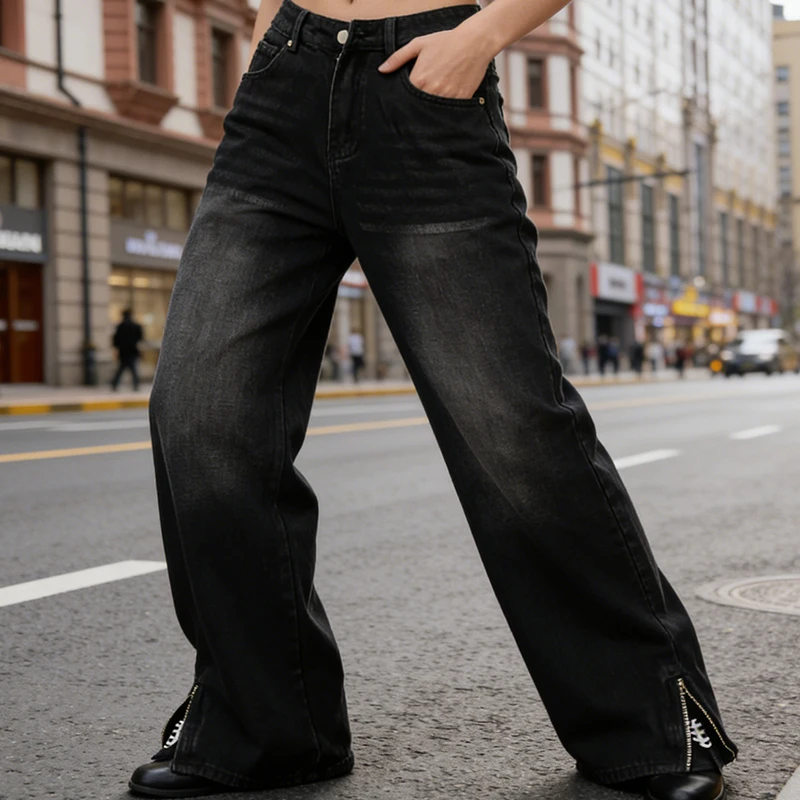 

Retro Washed European American Autumn Winter Street Fashion Letter Embroidery Loose Straight Leg Zipper Denim Pants Men Women's