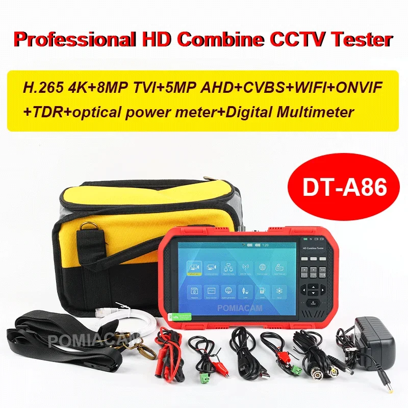 Newest 7 Inch H.265 4K IP Camera Tester 8MP TVI CVI 5MP AHD CVBS CCTV Tester Monitor with Multimeter Optical Power Meter DT-A86