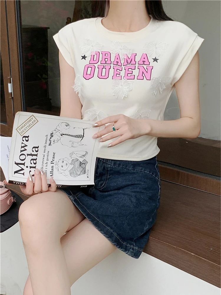 Colorfaith T9904CG New 2024 Slim Bow Wild Bottoming Korean Fashion Vintage Elegant Lady Women T-Shirts Spring Summer Short Tops