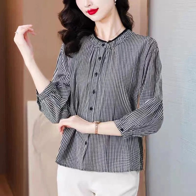

Plaid Shirt Women's Spring and Summer Loose Retro Round Neck Button Contrast Casual Fashion Top