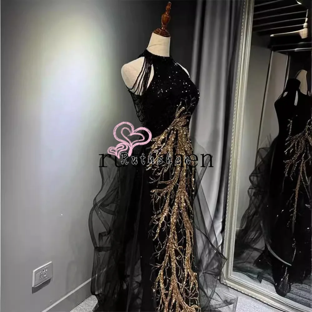 Gaun Hitam Wanita Elegan Halter Leher Ruffles Gaun Malam Formal Mewah 2025 Panjang Vestidos De Noche Disesuaikan