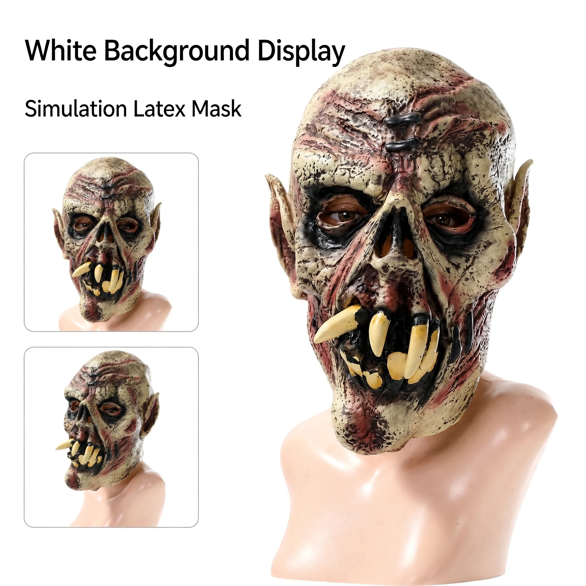 Halloween Orc‑Zombie Latex Mask, Full Monster Headgear with Sharp Fangs & Pointed Ears for Haunted House Fantasy Cosplay Props