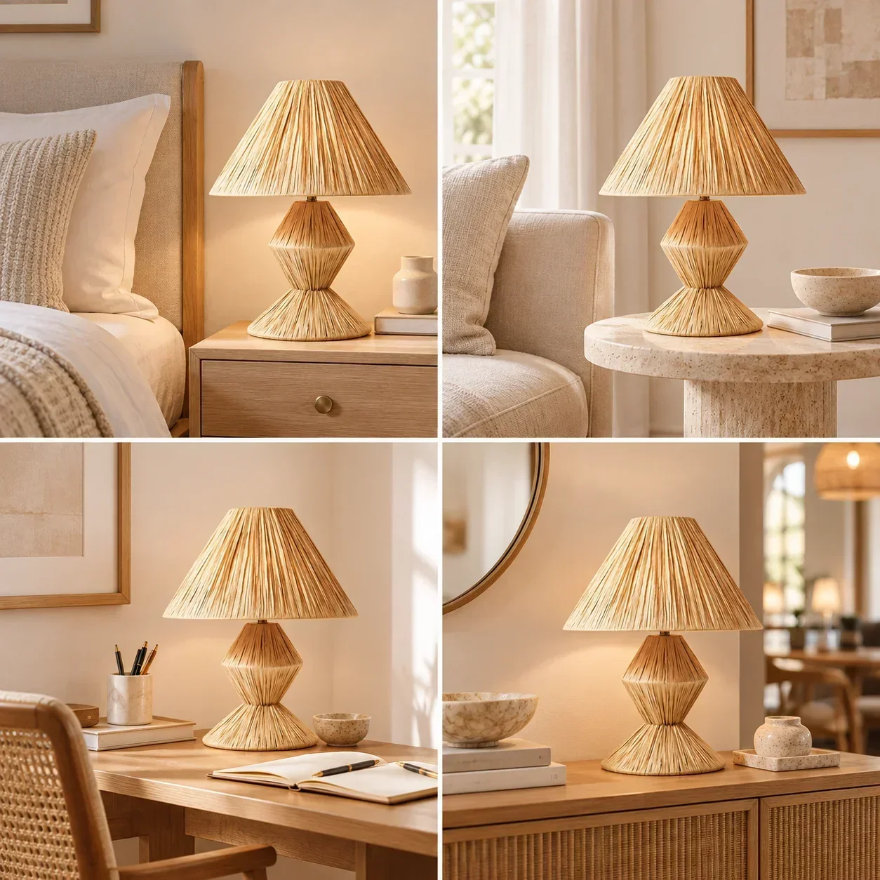 JOYINLED Natural Raffia Lamp Shade, Hand Woven Boho Lampshade Replacement, Woven Rattan Light for Table Lamp Bedroom Living Room