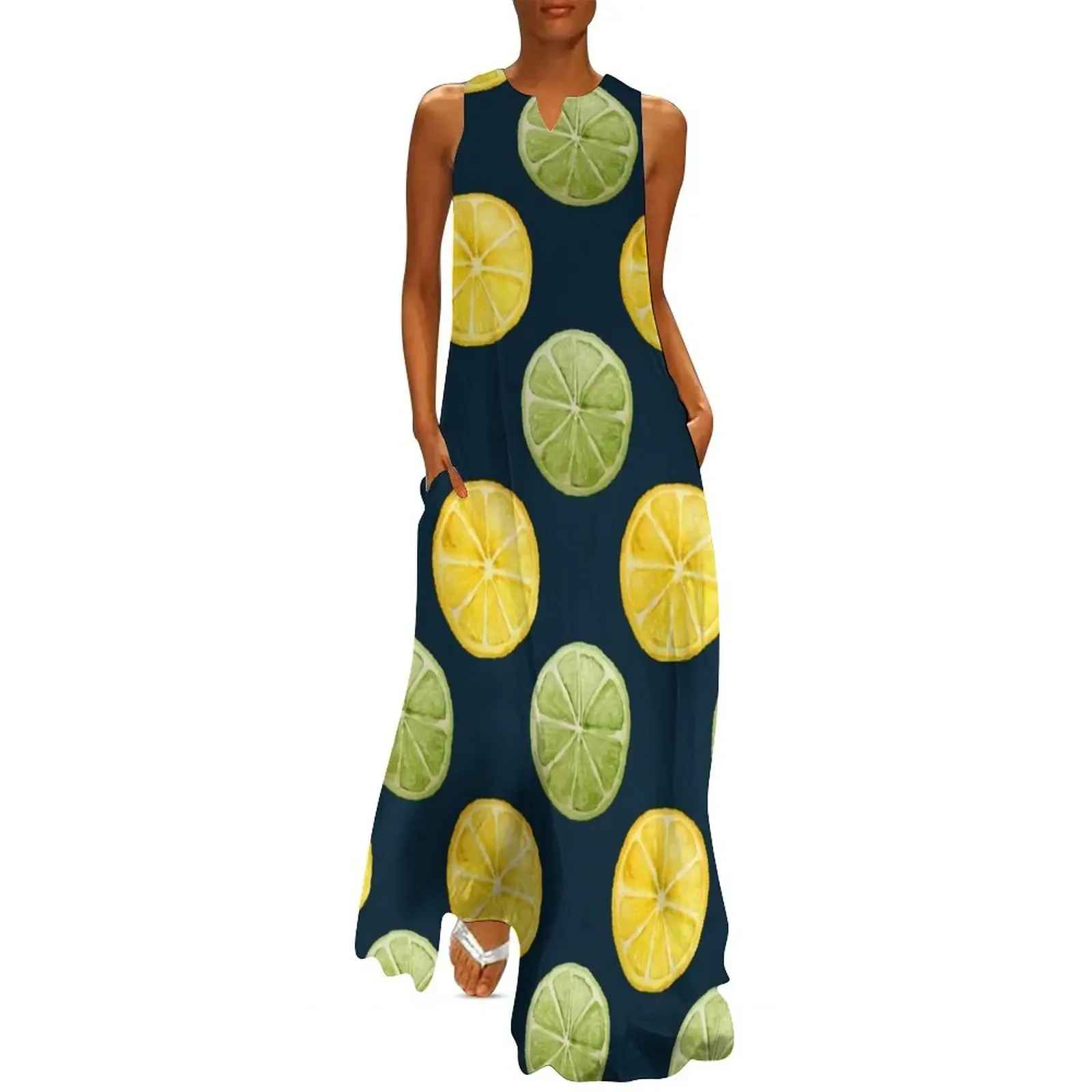 

Watercolor lemon lime pattern Long Dress elegant guest wedding dress long dress women