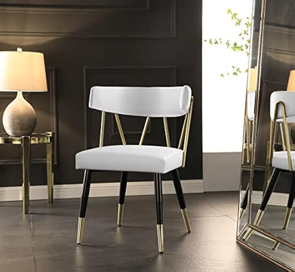 

854White-C Rheingold Collection Vegan Leather Upholstered Dining Chair with Gold Tipped Matte Black Metal Legs, Set of 2, White